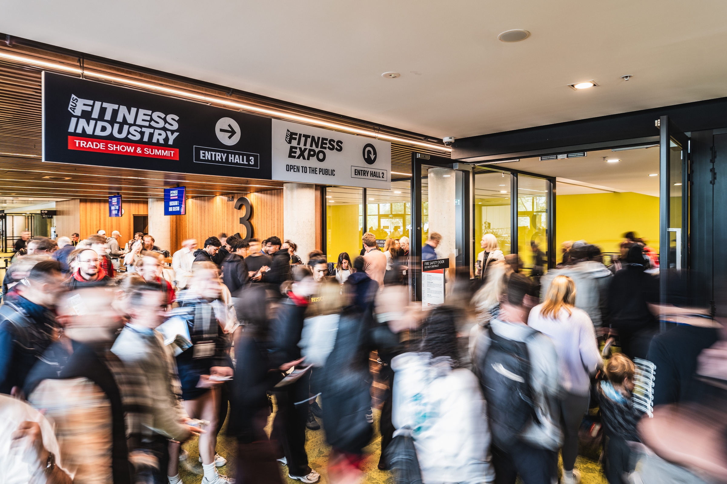 Crowds streaming through the entry halls at AusFitness Industry Expo, ICC Sydney